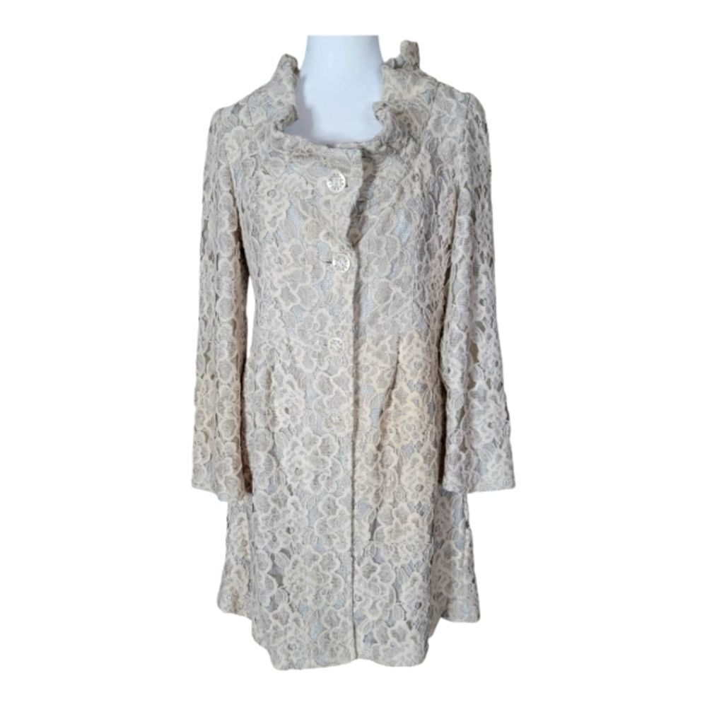 Young Essence Lace Jacket Medium Taupe Cream Button Front Retro Feminine